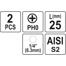YATO Set 2 biti cruce PH0, prindere hexagonala 1/4..